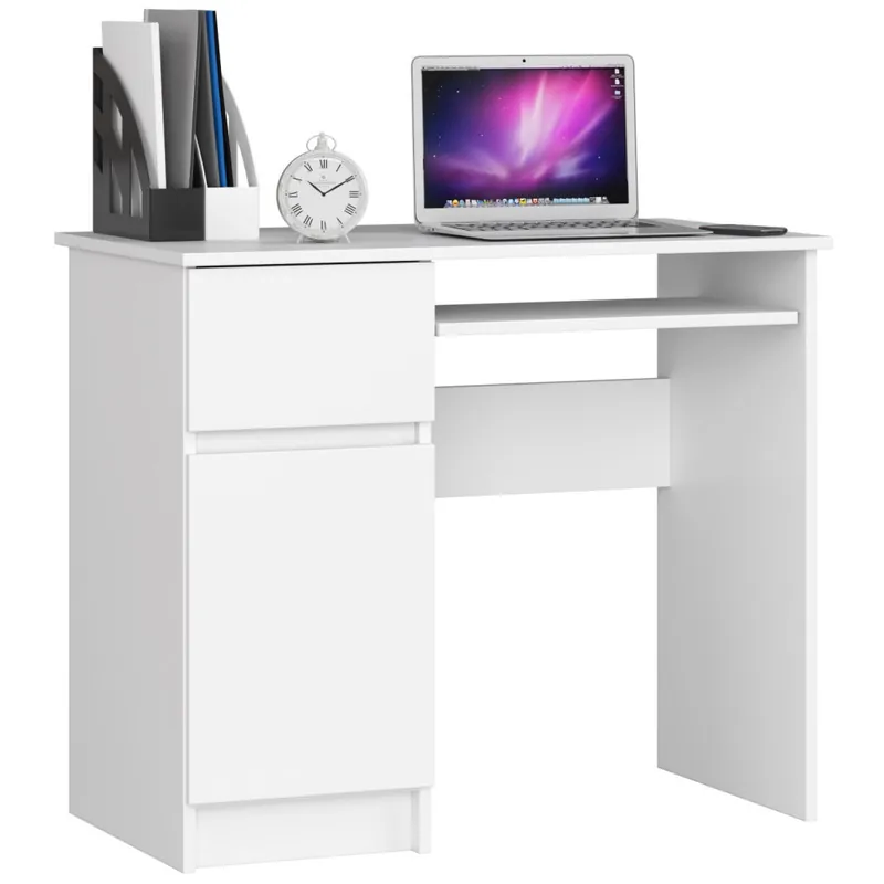Promoție Birou computer PIKSEL, cu sertar, dulap si raft pentru tastatura, stanga, 90x50x77 cm, alb