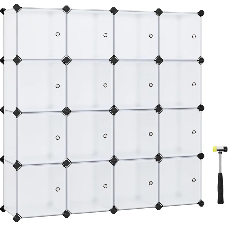 SONGMICS Unitate de depozitare cu 16 cuburi, pentru pantofi sau haine, personalizabil, 31x123x123 cm, alb transparent Cumpărături sigure