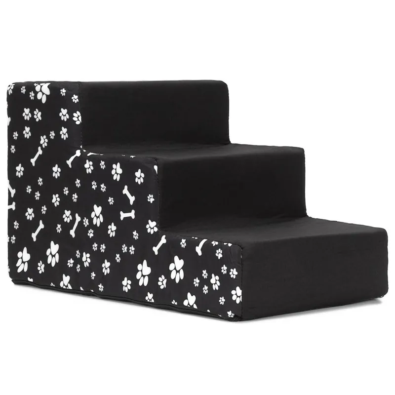 Scara pentru animale de companie, caini sau pisici, 3 trepte, antiderapanta, husa detasabila, inaltime 30 cm, negru cu decor alb Cumpără online