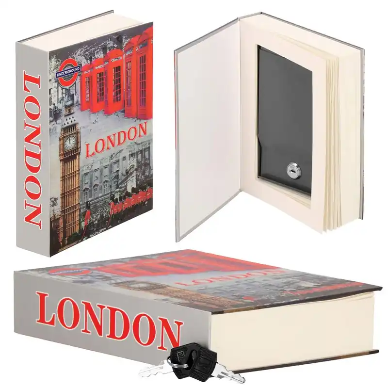 Retur gratuit Caseta de valori, cutie metalica cu cheie, portabila, tip carte, London, 22×15.5×4.5 cm