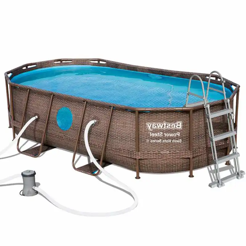 Promoție Piscina cadru metalic Bestway, 427x250x100 cm, 7.300 litri, model Rattan Swim VISTA 2 toate accesoriile incluse