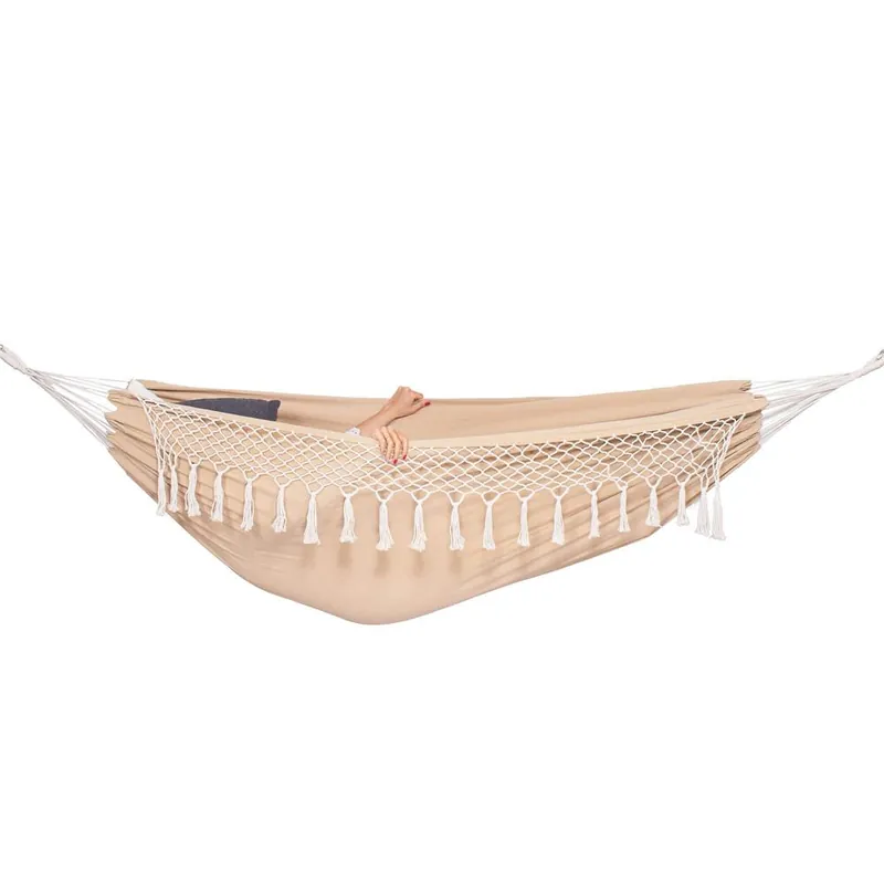 Hamac doua persoane cu franjuri si 2 perne, 200kg, 200×150 cm, crem Promoție