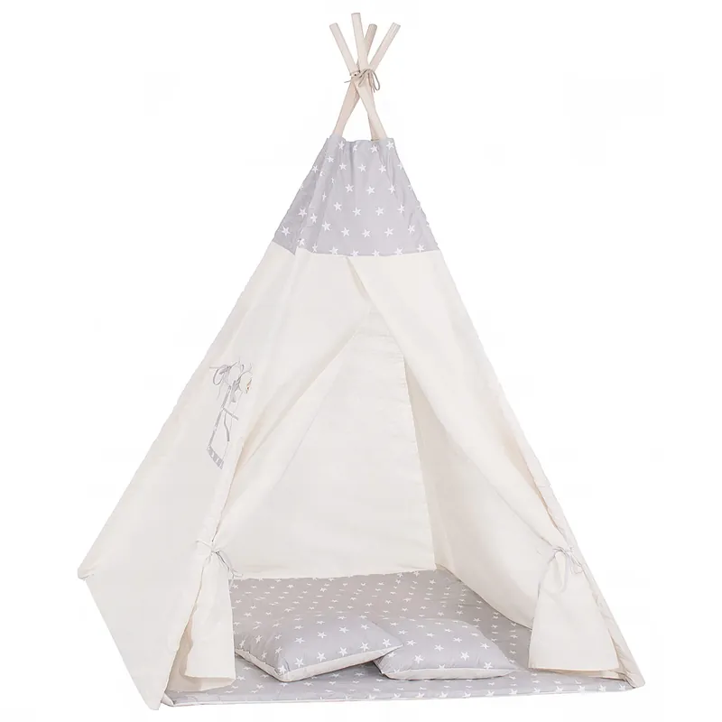Cort copii Sersimo stil indian Teepee Tent cu fereastra, covoras gros si 2 perne, alb gri Doar azi