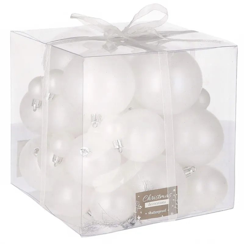 Expediere rapidă Set globuri de Craciun, 37 bucati, 3-8cm, alb perla