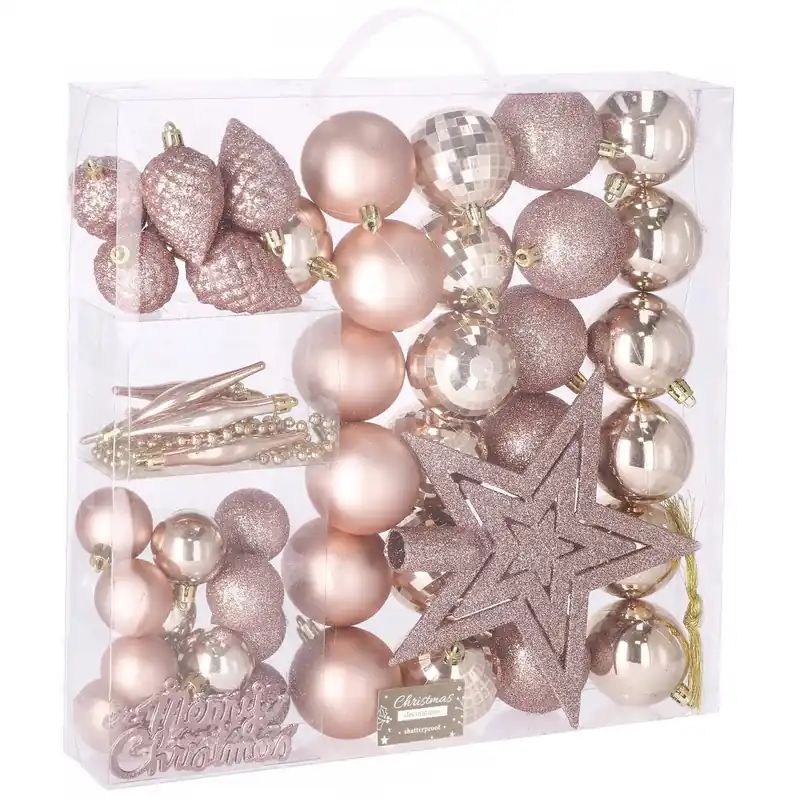Set globuri si decoratiuni de Craciun, 51 piese, diverse dimensiuni, roz Ofertă