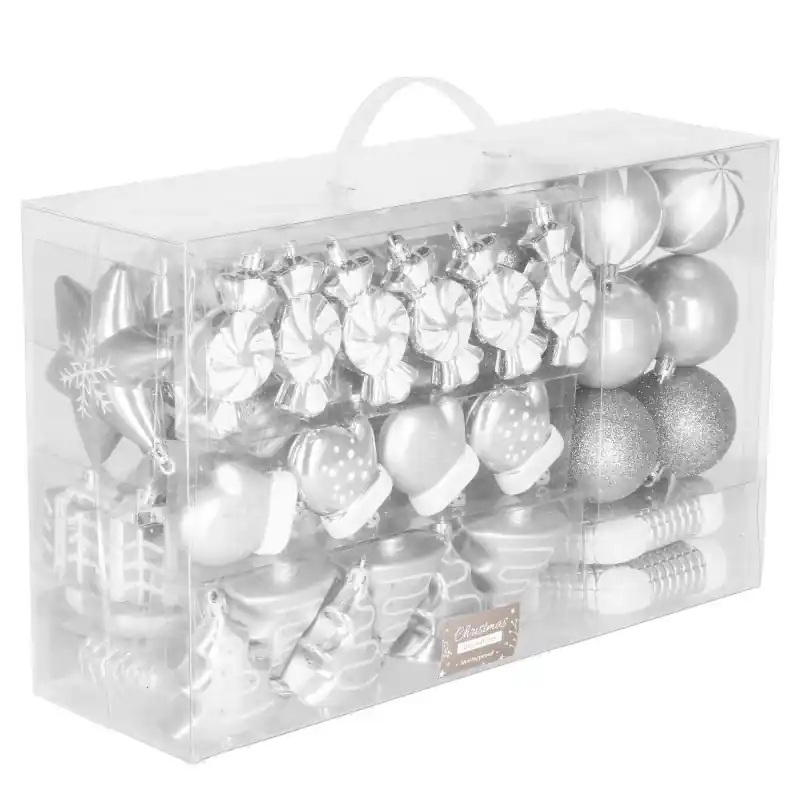Set globuri si decoratiuni de Craciun, 77 piese, diverse dimensiuni, argintiu Reducere specială