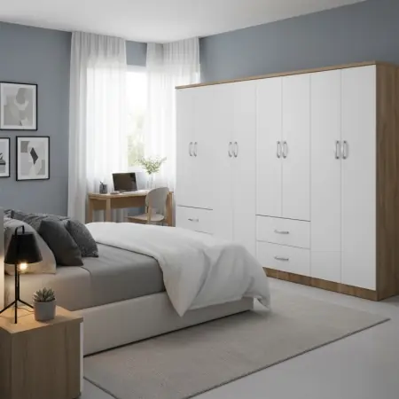 Preț mic Dulap cu 8 usi, Athos, V12, Alb-Stejar, 241x42x180 cm