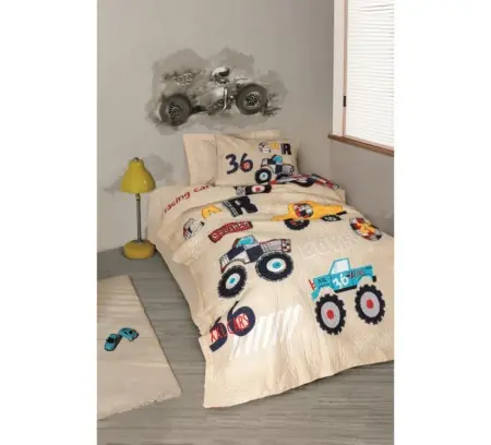 Chilipir Set Lenjerie si Cuvertura Copii, cu Elastic, Cars Bej (Bumbac 100%)