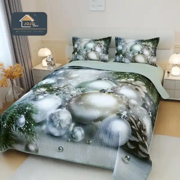 Cuvertură de Pat Matlasată 5D Crăciun Silver Ornaments 3 Piese Finet Catifelat PatulMeu Ofertă exclusivă