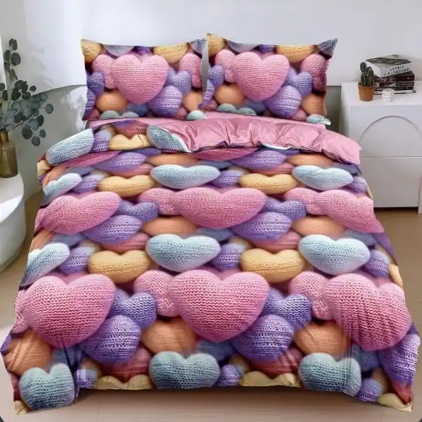 Lenjerie de pat cu inimioare pastel tricotate, 4 piese, policoton Promoție