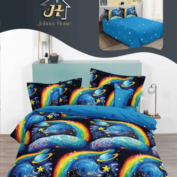 Lenjerie de pat Johnny Home Pucioasa, 6 piese, finet, model galaxie multicolor pe fundal bleumarin, 2 persoane Doar azi