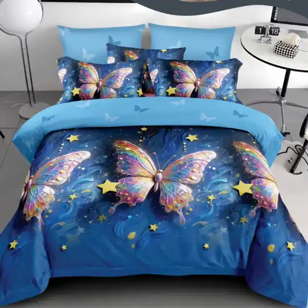 Lenjerie de pat Johnny Home Pucioasa, 6 piese, finet, model fluturi multicolori pe fundal albastru, 2 persoane Retur ușor
