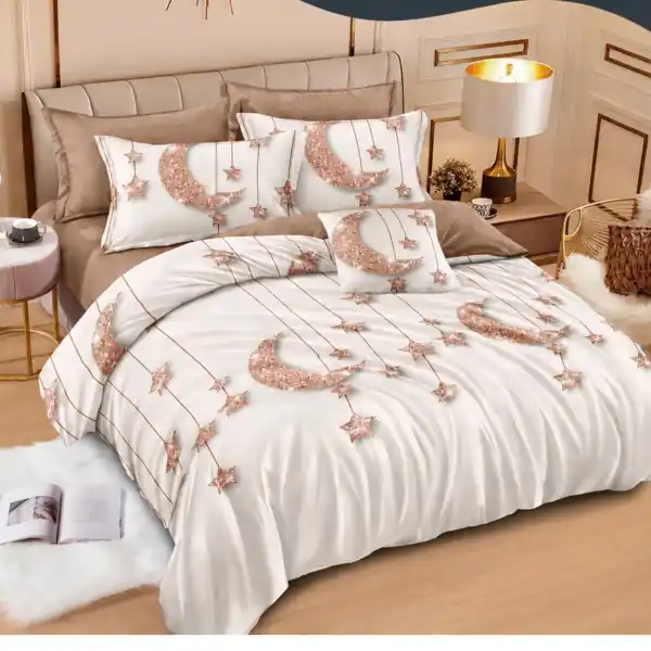 Lenjerie de pat Johnny Home Pucioasa, 6 piese, finet, model lună și stele crem/bej, 2 persoane Ultima șansă