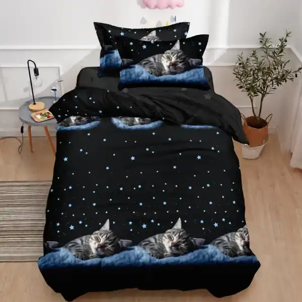 Cumpărături sigure Lenjerie de pat 1 persoană Sleeping Cat 4 piese, cu cearceaf cu elastic, Policoton – Johnny Home