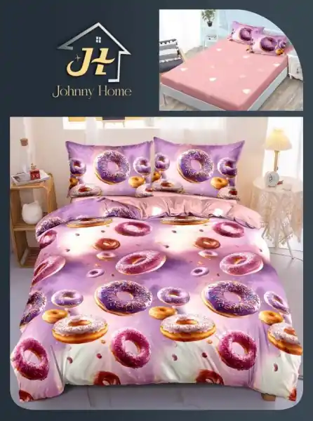 Expediere rapidă Lenjerie de pat cu elastic 2 persoane roz si mov cu gogosi 4 piese Policoton fin Johnny Home