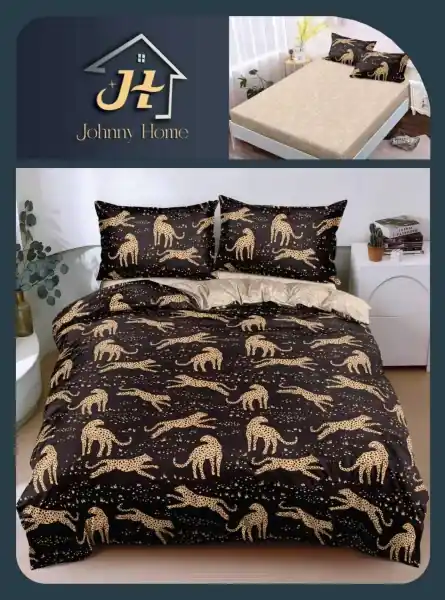 Cumpără online Lenjerie de pat cu elastic 2 persoane neagra si crem cu leopard animal print 4 piese Policoton fin Johnny Home