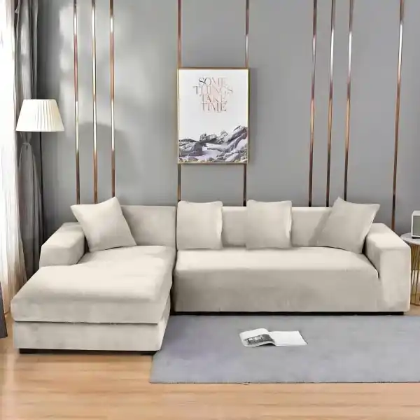 Expediere rapidă Husă elastică pentru colțar din catifea crem Universală Set 2 piese + 2 fețe de pernă Johnny Home