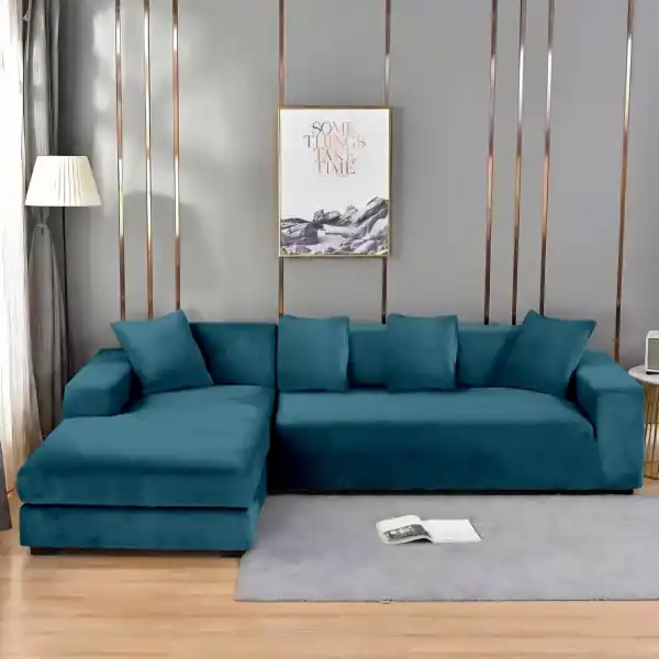 Husă elastică pentru colțar din catifea turcoaz Universală Set 2 piese + 2 fețe de pernă Johnny Home Livrare expres