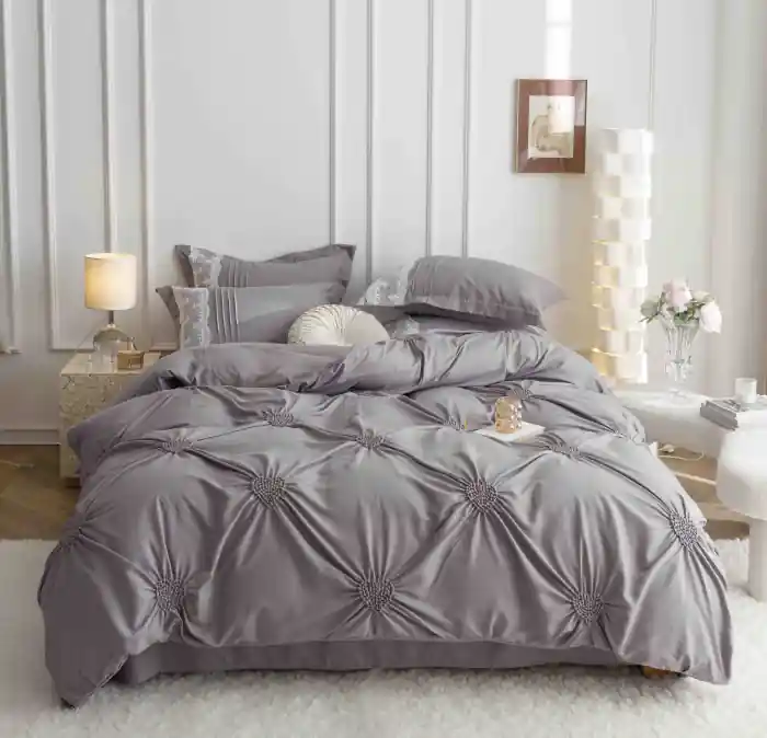Lenjerie De Pat, 6 Piese, Inimi Brodate, Finet Premium - Gri Noutate