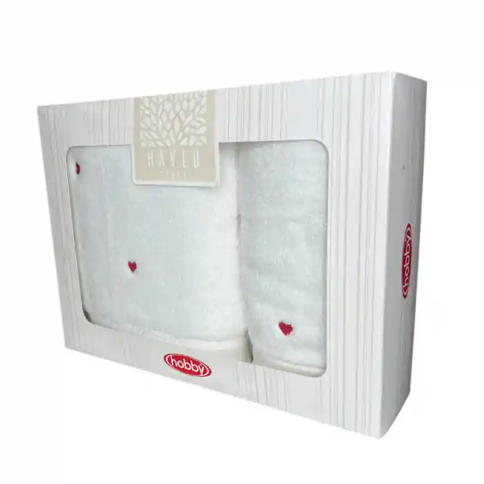 Set Cadou 2 Prosoape, Inimi Brodate, Dimensiuni Mixte - Lubow Love - Alb Popular
