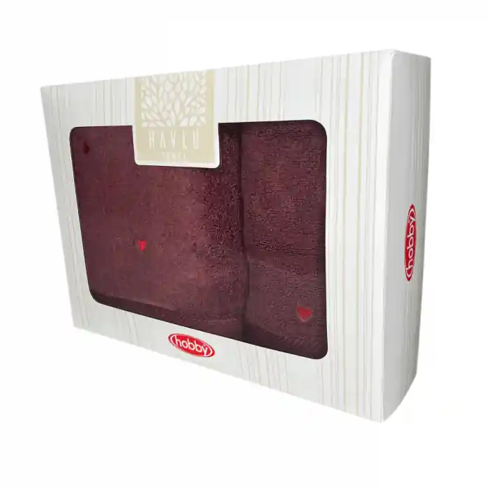 Set Cadou 2 Prosoape, Inimi Brodate, Dimensiuni Mixte - Lubow Love - Bordo Ieftin